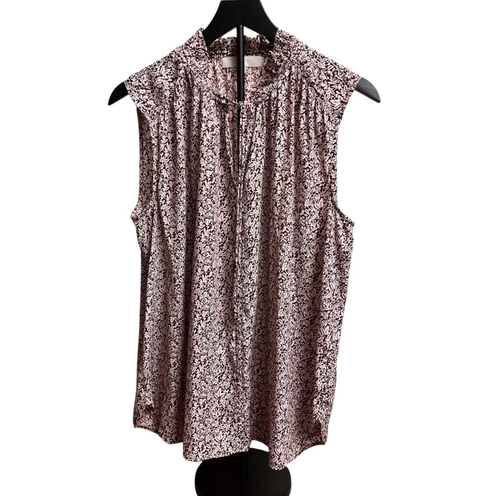 LOFT Size Large Sleeveless Top Maroon Red Blouse with Ruffle Accents and Pleated